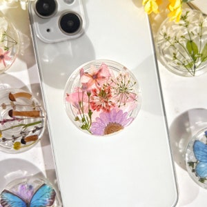 Natural Flowers Phone Grip,Transparent Folding Phone Holder,Pressed Dried Flowers Cute Phone Accessories,Phone Charms,Floral Phone Support