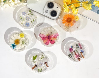 Natural Flowers Phone Grip,Transparent Folding Phone Holder,Pressed Dried Flowers Cute Phone Accessories,Phone Charms,Floral Phone Support