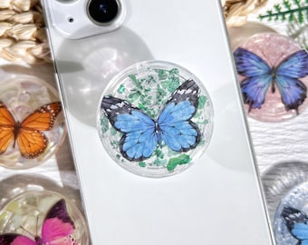 Handmade Shell Butterfly Phone Grip, Plant Transparent Folding Phone Holder,Cute Phone Accessories,Phone Charms, Support for Phone Kindle