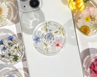 Forget me Not Flowers Phone Grip,Transparent Folding Phone Holder,Pressed Dried Flowers Phone Accessories,Phone Charms,Floral Phone Support