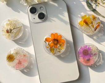 Telefoongreep natuurlijke bloemen, transparante opvouwbare telefoonhouder, geperste gedroogde bloemen schattige telefoonaccessoires, telefoonbedels, bloementelefoonondersteuning