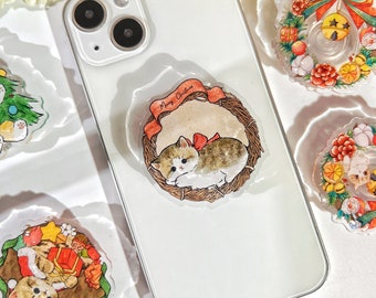 Christmas Cat Phone Grip,Cute Cartoon Animal Transparent Folding Phone Holder,Cute Phone Accessories,Phone Charms, Phone Support for Kindle