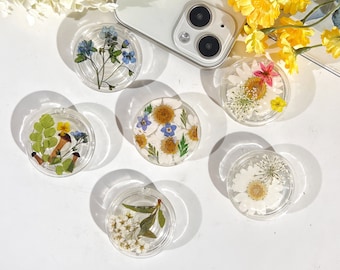 Natural Flowers Phone Grip,Transparent Folding Phone Holder,Pressed Dried Flowers Cute Phone Accessories,Phone Charms,Floral Phone Support