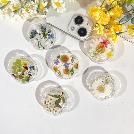 Natural Flowers Phone Grip,Transparent Folding Phone Holder,Pressed Dried Flowers Cute Phone Accessories,Phone Charms,Floral Phone Support