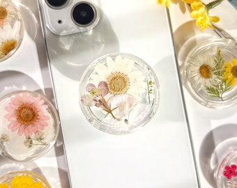 Natural Flowers Phone Grip,Transparent Folding Phone Holder,Pressed Dried Flowers Cute Phone Accessories,Phone Charms,Floral Phone Support