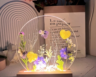 Timeinhand|Natural Flowers Night Light with Wood Base,Colorful Pressed Real Flowers Home Decoder,Custom Wedding Birthday Christmas Gifts