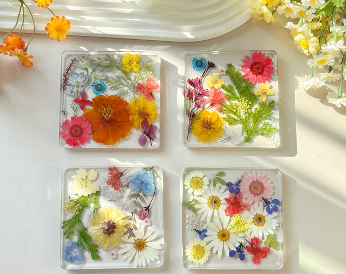 Timeinhand|Natural Flowers Coasters,Colorful Pressed Real Flowers Outdoor Coasters,Custom Wedding Birthday Christmas Gifts Table Decor