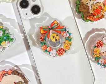 Christmas Wreath Phone Grip,Cute Cartoon Animal Transparent Folding Phone Holder, Phone Accessories,Phone Charms, Phone Support for Kindle