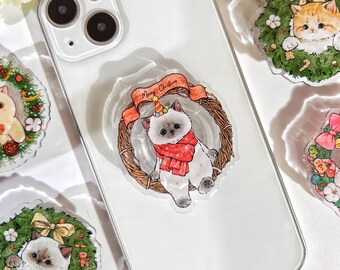 Christmas Cat Phone Grip,Cute Cartoon Animal Transparent Folding Phone Holder,Cute Phone Accessories,Phone Charms, Phone Support for Kindle