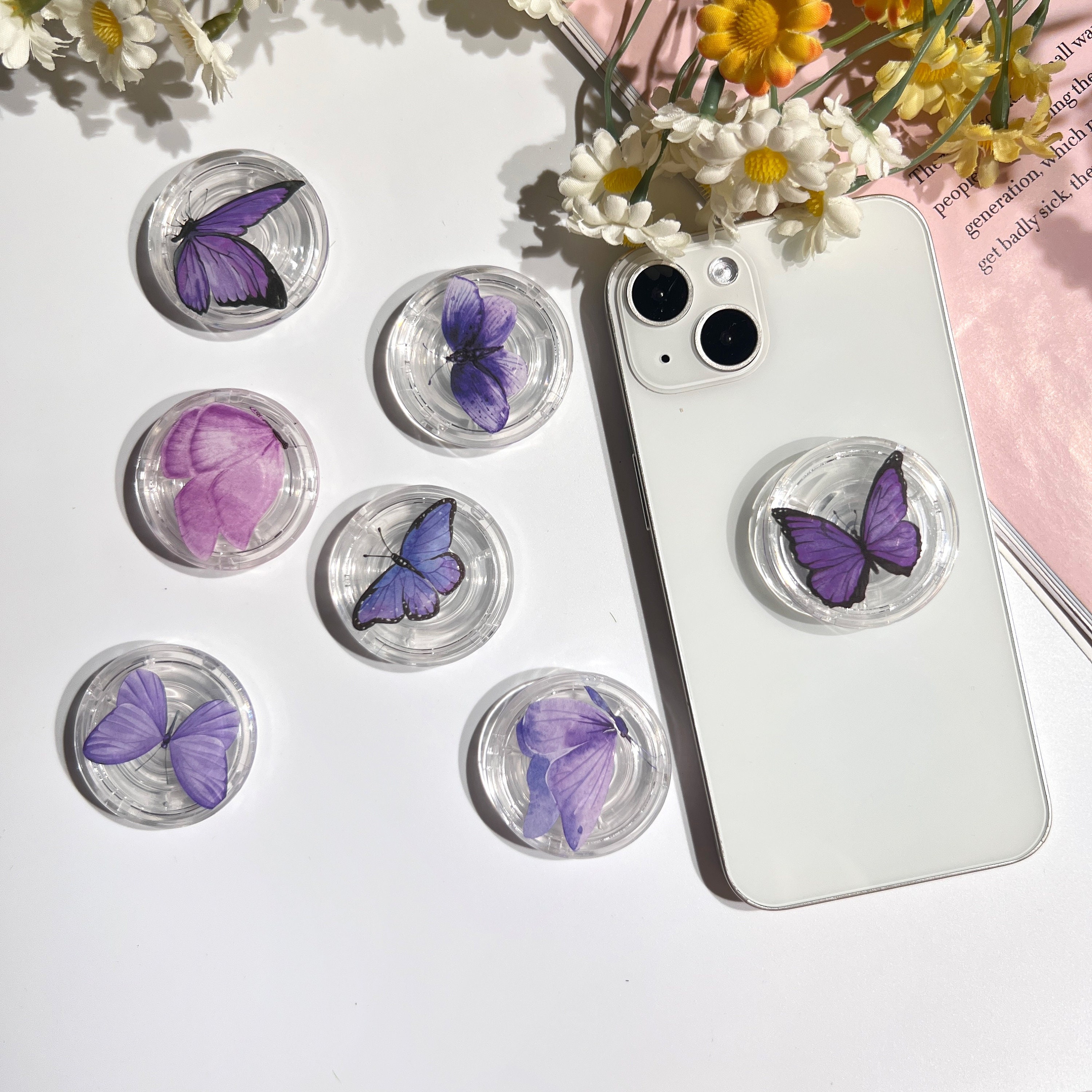 Purple Butterfly Phone Grip, Stickers Transparent Folding Phone Holder,Cute Phone Accessories,Phone Charms, Phone Kindle Support