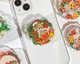 Christmas Cat Phone Grip,Cute Cartoon Animal Transparent Folding Phone Holder,Cute Phone Accessories,Phone Charms, Phone Support for Kindle