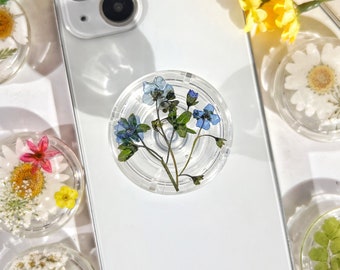 Vergeet me niet bloemen telefoongreep, transparante telefoonhouder, geperste gedroogde bloemen schattige telefoonaccessoires, telefoonbedels, bloementelefoonondersteuning