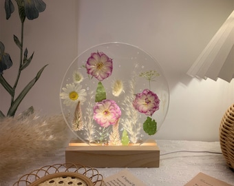 Timeinhand|Natural Flowers Night Light with Wood Base,Colorful Pressed Real Flowers Home Decoder,Custom Wedding Birthday Christmas Gifts