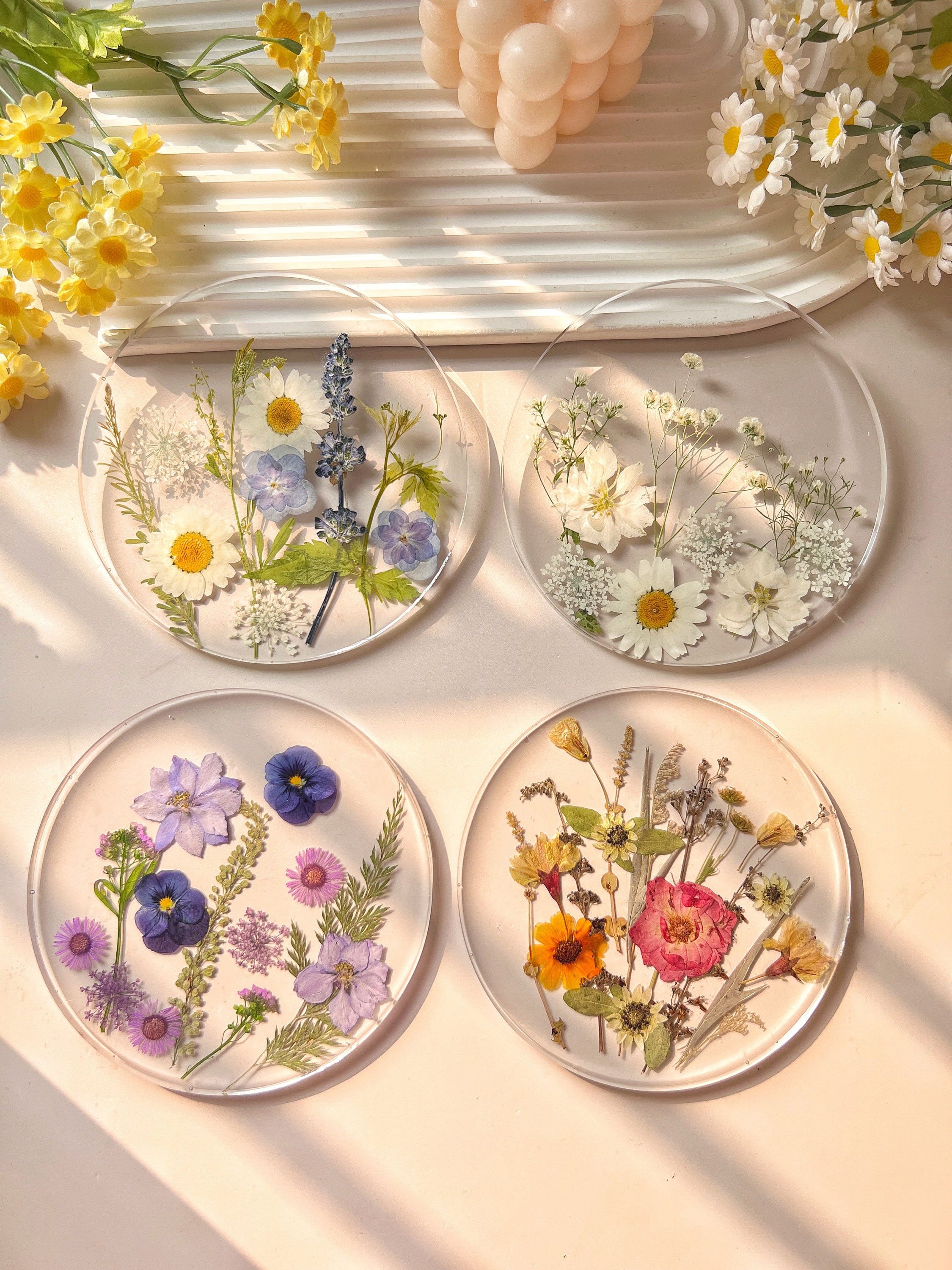 Natural Flowers Coasters,Colorful Pressed Real Flowers Outdoor Coasters,Custom Wedding Birthday Christmas Gifts Table Decor,Wildflowers Art