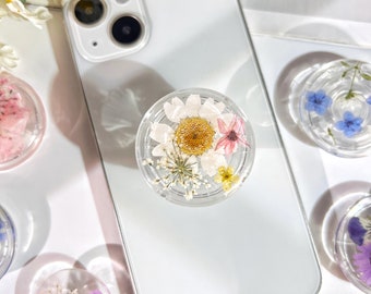 Agarre de teléfono de flores naturales, soporte de teléfono plegable transparente, flores secas prensadas lindos accesorios de teléfono, encantos de teléfono, soporte de teléfono floral