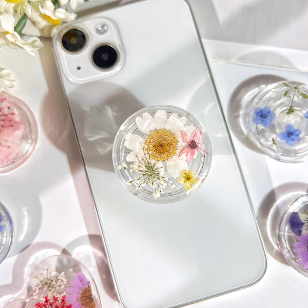 Natural Flowers Phone Grip,Transparent Folding Phone Holder,Pressed Dried Flowers Cute Phone Accessories,Phone Charms,Floral Phone Support