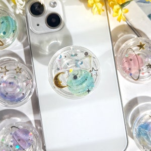 Space Phone Grip, Moon&Stars Transparent Folding Phone Holder,Cute Phone Accessories,Phone Charms, Phone Kindle Support