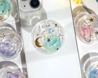 Space Phone Grip, Moon&Stars Transparent Folding Phone Holder,Cute Phone Accessories,Phone Charms, Phone Kindle Support