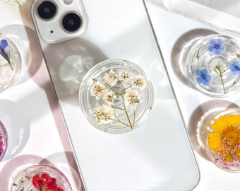 Baby's Breath Phone Grip,Transparent Folding Phone Holder,Pressed Dried Flowers Cute Phone Accessories,Phone Charms,Floral Phone Support