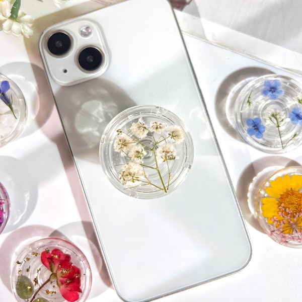 Baby's Breath Phone Grip,Transparent Folding Phone Holder,Pressed Dried Flowers Cute Phone Accessories,Phone Charms,Floral Phone Support