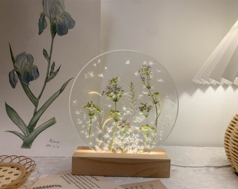 Timeinhand|Natural Flowers Night Light with Wood Base,Colorful Pressed Real Flowers Home Decoder,Custom Wedding Birthday Christmas Gifts
