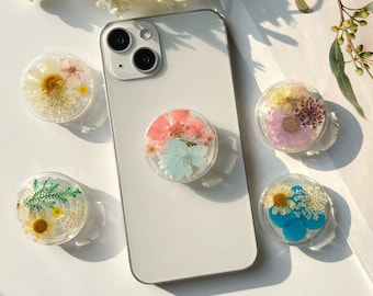 Telefoongreep natuurlijke bloemen, transparante opvouwbare telefoonhouder, geperste gedroogde bloemen schattige telefoonaccessoires, telefoonbedels, bloementelefoonondersteuning