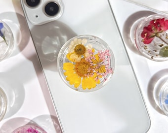 Natuurlijke bloemen telefoongreep, transparante opvouwbare telefoonhouder, geperste gedroogde bloemen schattige telefoonaccessoires, telefoonbedels, bloementelefoonondersteuning
