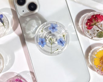 Telefoongreep natuurlijke bloemen, transparante opvouwbare telefoonhouder, geperste gedroogde bloemen schattige telefoonaccessoires, telefoonbedels, bloementelefoonondersteuning