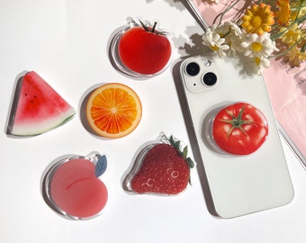 Fruits Strawberry Lemon Peach Phone Grip, Food Transparent Folding Phone Holder,Tomato Cute Phone Accessories,Phone Charms, Phone Support