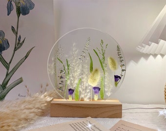 Timeinhand|Natural Flowers Night Light with Wood Base,Colorful Pressed Real Flowers Home Decoder,Custom Wedding Birthday Christmas Gifts