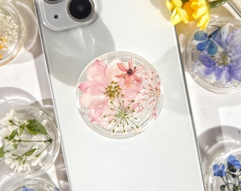Natural Pink Flowers Phone Grip,Transparent Folding Phone Holder,Pressed Dried Flowers Phone Accessories,Phone Charms,Floral Phone Support
