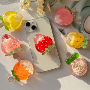 Fruits Phone Holder,Strawberry, Peach, Orange, 3D Cute  Folding Phone Accessories,Phone Charms, Phone Support with Interchangeable Top