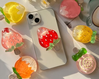 Fruits Phone Holder,Strawberry, Peach, Orange, 3D Cute  Folding Phone Accessories,Phone Charms, Phone Support with Interchangeable Top