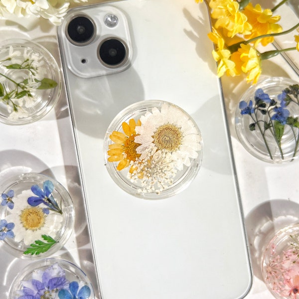 Natural Flowers Phone Grip,Transparent Folding Phone Holder,Pressed Dried Flowers Cute Phone Accessories,Phone Charms,Floral Phone Support