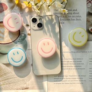 Simple Smile Phone Grip, Cartoon Transparent Folding Phone Holder,Cute Phone Accessories,Phone Charms, Phone Support,Kindle Support