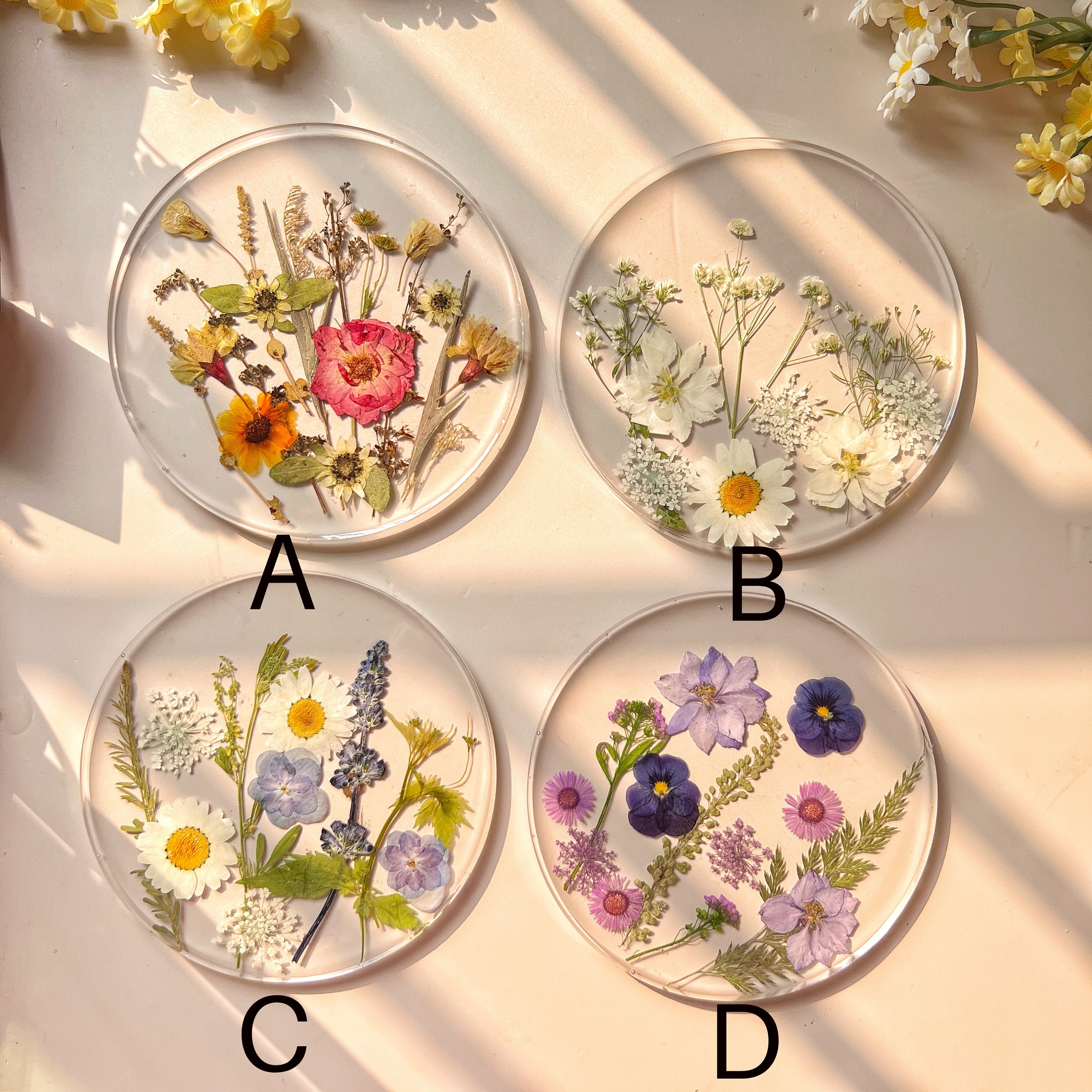 Natural Flowers Coasters,Colorful Pressed Real Flowers Outdoor Coasters,Custom Wedding Birthday Christmas Gifts Table Decor,Wildflowers Art