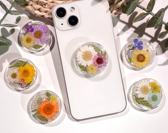 Natuurlijke bloemen telefoongreep, transparante opvouwbare telefoonhouder, geperste gedroogde bloemen schattige telefoonaccessoires, telefoonbedels, bloementelefoonondersteuning