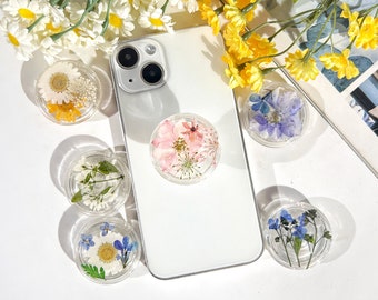 Natural Flowers Phone Grip,Transparent Folding Phone Holder,Pressed Dried Flowers Cute Phone Accessories,Phone Charms,Floral Phone Support