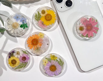 Telefoongreep natuurlijke bloemen, transparante opvouwbare telefoonhouder, geperste gedroogde bloemen schattige telefoonaccessoires, telefoonbedels, bloementelefoonondersteuning