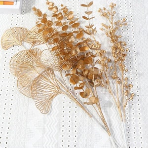 Three-pronged Fan Leaf Netting Artificial Gold Ginkgo Eucalyptus Holly For Wedding Arch Flower Arrangement Home Decor Crafts