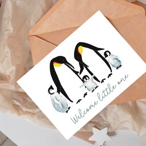 New babykaart afdrukbaar | 3e kind Babykaart derde kind | Welkom kleintje kaart | Katholieke baby digitale download | Babykaart pinguïn