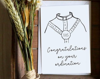May include: A black and white illustration of a priest's collar and stole with the text "Congratulations on your ordination".