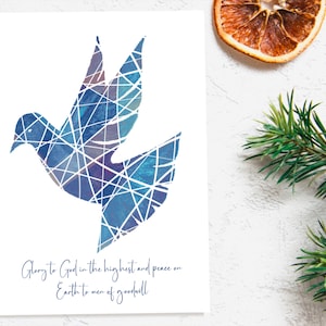 Tarjeta navideña con paloma de vitrales para imprimir / Tarjetas navideñas religiosas para imprimir / Tarjetas navideñas con las Sagradas Escrituras / Tarjeta navideña religiosa