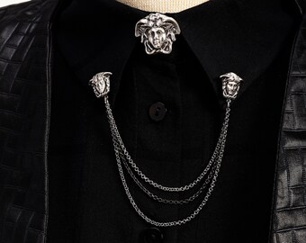 Silver & Gold Medusa Shirt Collar Chain Brooch and Button Cover Set, Collar Clip, Collar Pin, Lapel Pin, Button Cover Brooch, Gifts for Her