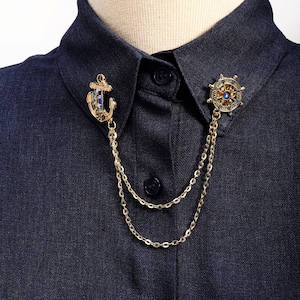 Gold Anchor Rudder Shirt Collar Chain Brooch, Collar Clip, Collar Pin, Lapel Pin, Shirt Pin