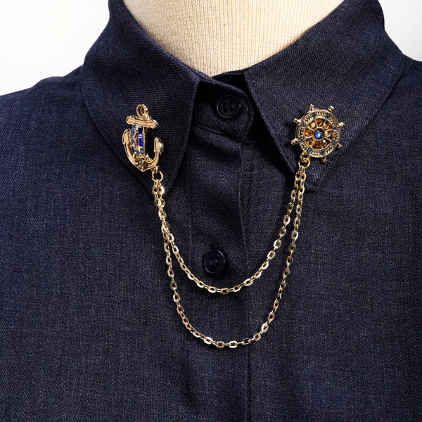 Gold Anchor Rudder Shirt Collar Chain Brooch, Collar Clip, Collar Pin, Lapel Pin, Shirt Pin