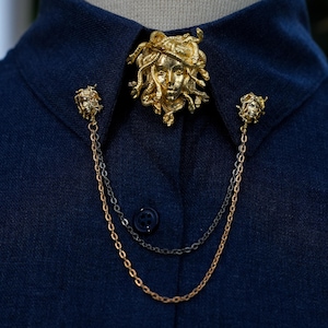 Medusa Silver/Gold Shirt Shirt Collar Chain Brooch and Button Cover Set, Collar Lapel Shirt Jewelry Pin, Button Cover Brooch, Gifts for Her