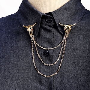 Cow Skull Gold/Silver Shirt Collar Chain Brooch, Collar Clip, Collar Pin, Lapel Pin