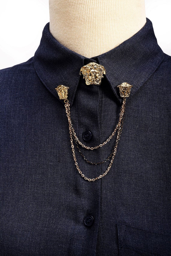 Medusa Silver / Gold Shirt Collar Chain Brooch Collar Clip Etsy