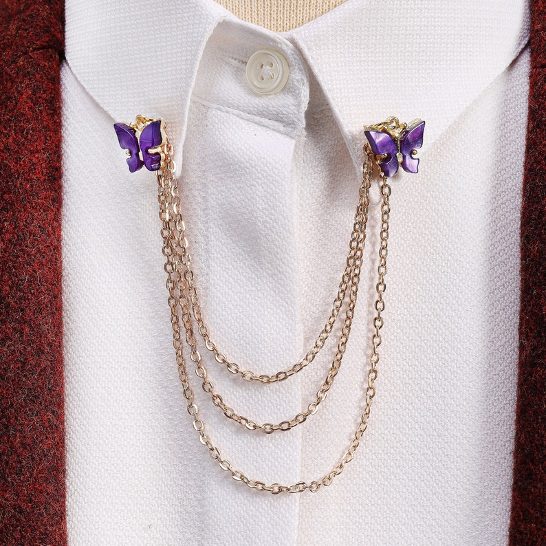 Butterfly Gold Shirt Collar Chain Pin, Jacket Lapel Pin Brooch, Women